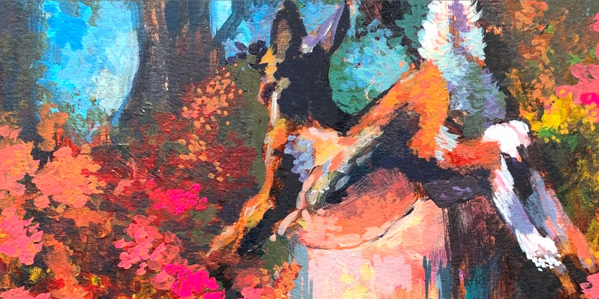 Elli Milan abstract realism painting, prophecy painting red teal pink orange